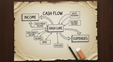 Hand drawn financial cash flow diagram illustrates money movement between income and expenses on aged paper