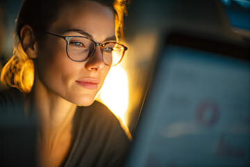 Focused professional woman in glasses analyzing digital charts on a laptop at dusk — concentrating on data visualization, analytics and remote work