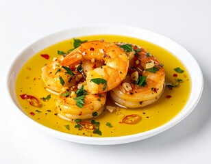 Garlic shrimp dish from Spanish cuisine served in a small white bowl with garlic and herbs