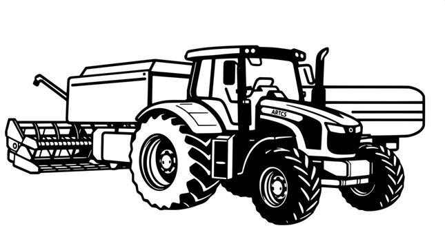 Agricultural machinery logo style vector illustration featuring a prominent tractor and harvester set with bold thick outlines and a solid black color scheme, incorporating a modern minimal icon desig