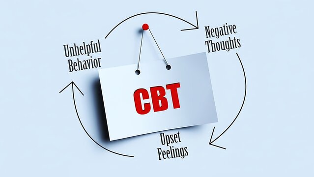 Cognitive Behavioral Therapy diagram illustrating the cycle of negative thoughts leading to upset feelings and unhelpful behavior