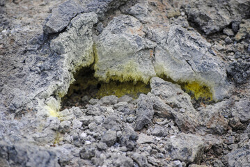Fumarole fields on the slope of a volcano in the Kuril Islands, featuring surface openings emitting...