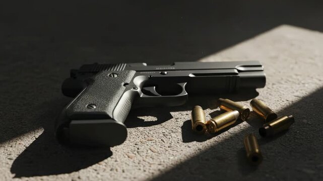Dramatic slow motion shot of a black pistol and spent bullet casings lying on a concrete floor, illuminated by a harsh light, suggesting a recent crime scene, violence, or illegal activity