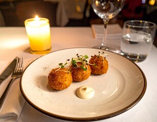 Firefly Ham Croquettes served as a fine dining tapas dish in a cozy restaurant setting