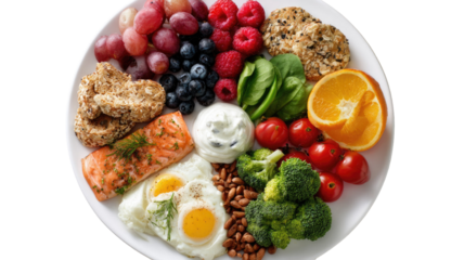balanced healthy meal plate with salmon eggs fruit vegetables nuts yogurt nutrition flat lay isolated on white background