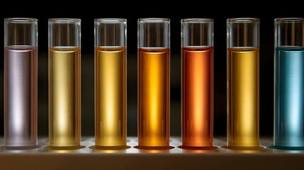 Fototapeta premium A row of colorful liquids in laboratory test tubes showcasing a spectrum of vibrant hues under studio lighting