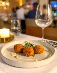 Firefly Ham Croquettes presented on a fine dining table featuring Spanish cuisine with a view and elegant setting