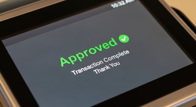 Electronic payment terminal displays a successful transaction confirmation message in close up