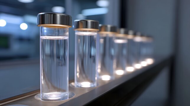 A row of illuminated test tubes filled with clear liquid in a scientific laboratory - Powered by Adobe