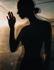 Mysterious silhouette of woman standing behind textured plastic sheet creates abstract fashion art. Dark shadow figure with hand up shows sensual body shape with backlit contrast and creative mood
