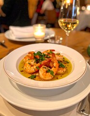 Firefly Garlic Shrimp Gambas al Ajillo served in a fine dining setting with warm tones and a glass of white wine