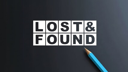 Obraz premium White squares with black bold text 'LOST & FOUND' arranged in two rows, blue pencil pointing to the word FOUND on dark grey background