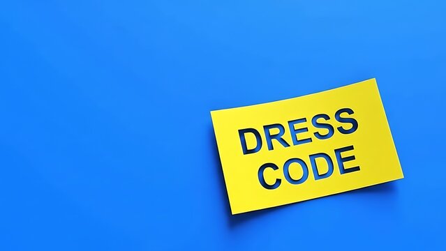 Yellow paper cutout sign displaying 'DRESS CODE' words against a bright blue backdrop, minimalist graphic design for business concepts.