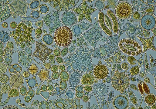 Intricate patterns of microscopic organisms viewed under a microscope