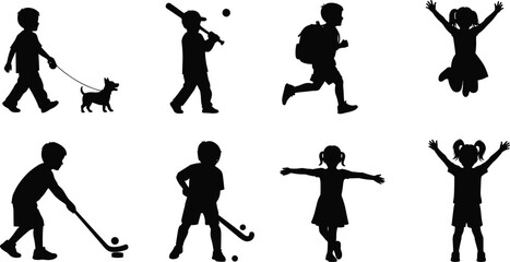 Children silhouette activities, kids playing sports, walking dog, running schoolboy and jumping girl, joyful childhood collection isolated on white background