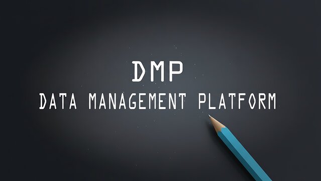 Close-up of a light blue pencil poised to write on a dark textured background with 'DMP DATA MANAGEMENT PLATFORM' text in white.