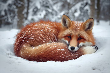 Cute Red Fox Sleeping Curled Up in Winter Snow