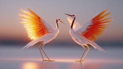 Fototapeta premium Pair of Radiant Cranes with Glowing Golden Wings in Soft Light