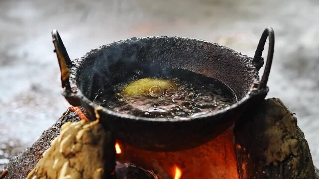 Making traditional rice based Pitha by deep-frying batter in hot oil over a wood-fired stove, as part of Magh Bihu preparations in Assam
