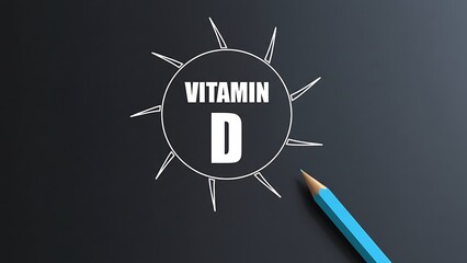 Hand drawing Vitamin D sun icon with blue pencil on dark background, health and wellness concept, creative idea symbol
