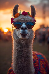 Obraz premium Funny Llama Wearing Sunglasses and Flower Crown at Sunset Festival