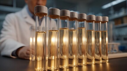 A row of glass test tubes filled with golden liquid illuminated with reflections in a laboratory setting