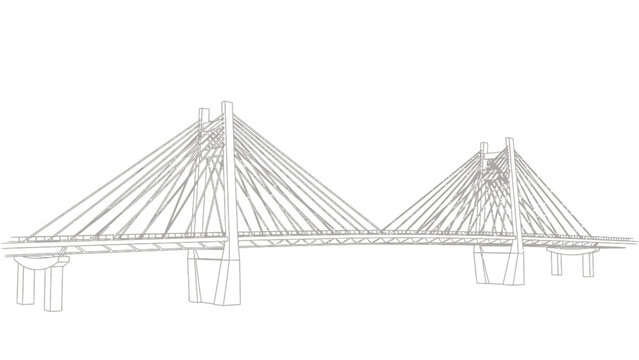 Cable-stayed bridge architectural drawing with pylons and suspension cables.