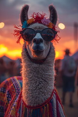 Obraz premium Funny Llama Wearing Sunglasses and Flower Crown at Sunset Festival