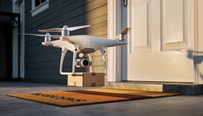 Modern white delivery drone hovering above doorstep to drop cardboard package on welcome mat. Automated shipping transport uses futuristic technology for efficient residential logistics service
