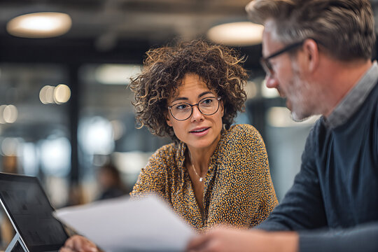 Collaborative office meeting: professional colleagues reviewing documents and discussing strategy in a modern open-plan workplace - Powered by Adobe