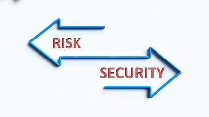 Fototapeta premium Two opposing blue arrows, one labeled RISK and the other SECURITY, facing each other on a clean white background, symbolizing a decision.