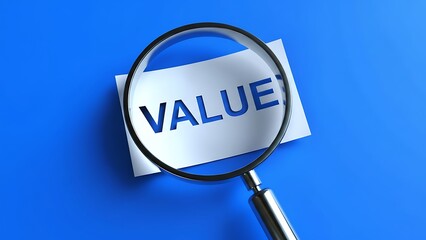 Magnifying glass held over white paper with the word VALUE cut out, on a bright blue background, representing analysis and importance