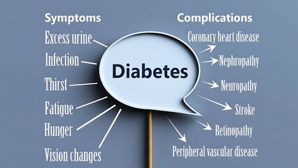 Diabetes symptoms and complications infographic showing excess urine, infection, thirst, fatigue, hunger, vision changes, heart disease, neuropathy, stroke, retinopathy