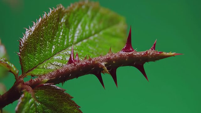 Rose stem with thorns and green leaf close-up