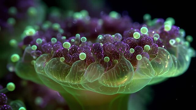 Vibrant coral polyp with green tips and purple base in macro view.