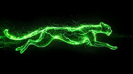 Futuristic Running Cheetah Made of Glowing Green Neon Lines