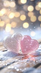 Obraz premium Romantic glitter hearts on wood with festive bokeh background