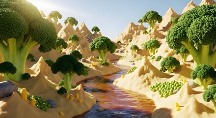 Vibrant surreal landscape with towering broccoli trees emerging from golden dunes, a winding river reflecting the bright sunlit sky, creating a whimsical scene