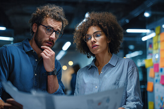 Focused young professionals collaborating over project plans in a modern office, studying documents and brainstorming ideas late into the evening - Powered by Adobe