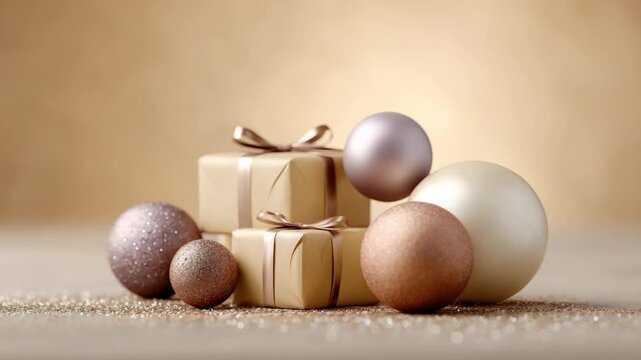 Elegant christmas baubles in gold, bronze, and lavender tones magically levitating around stacked gift boxes over sparkling glitter, creating a festive and luxurious holiday scene