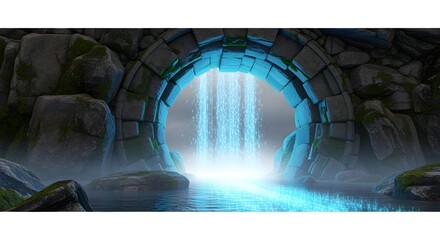 Enchanting blue waterfall cascades from an ancient moss-covered stone archway, illuminating a hidden grotto with an ethereal glow, creating a serene fantasy landscape