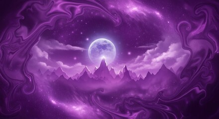 A surreal, ethereal landscape with a full moon, swirling purple and pink clouds, and a mountain range in the distance.