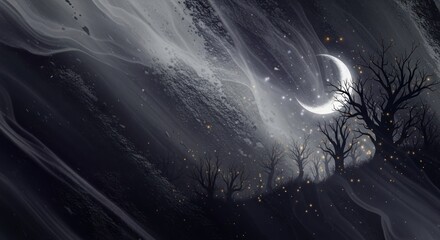 A crescent moon and stars in a dark, starry sky with silhouetted trees and glowing orbs in the foreground.