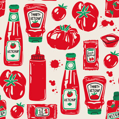 Fototapeta na wymiar Various Ketchup sauces in bottles, tomatoes. Different container shapes. Plastic, squeeze, glass bottles, soft package, small bag, sauce cup. Hand drawn Vector illustration. Square seamless Pattern