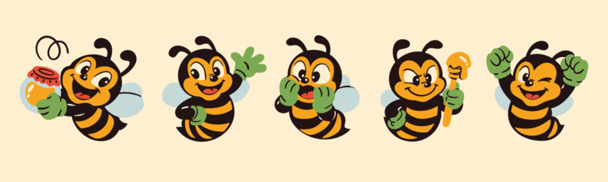 Cute funny Bees with hands, wings, honey. Retro style mascot characters in different poses, various emotions. Hand drawn Vector illustration. Isolated design elements. Sticker, icon, print templates