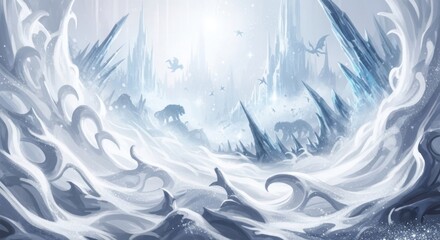 A majestic, snow-covered mountain range with a frozen waterfall and a dragon in the distance.