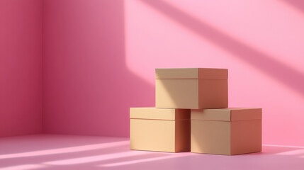 Fototapeta premium Sustainable packaging product mockups shown as three beige boxes stacked in soft natural light with pink background creating calm mood