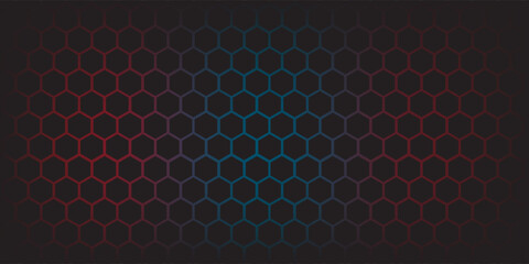 Abstract dark hexagon pattern on red neon background technology style. Modern futuristic geometric shape web banner design. You can use for cover template, poster, flyer, print ad. Vector illustration
