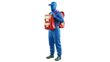 Person in Blue Jumpsuit with Red Backpacks