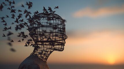 A person&rsquo;s head made of open cage with birds flying out, sunrise background, metaphor for liberation and creativity, conceptual fine art photography style